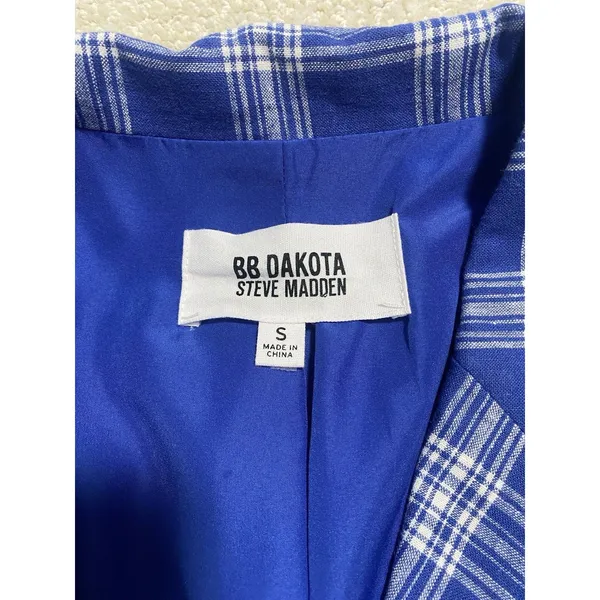BB Dakota Steve Madden Women's Blue White Plaid Long Blazer Jacket Collared S - Image 8