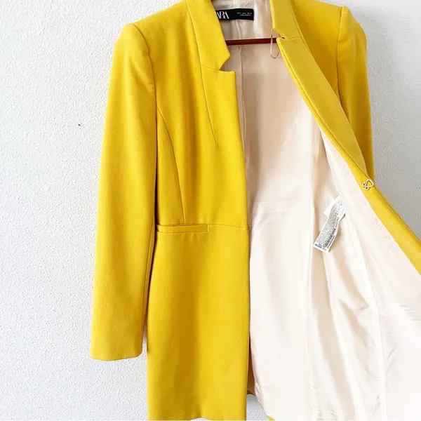 Zara Yellow Mustard Gold Inverted Lapel Minimalist Chic Longline Blazer Coat - Image 8