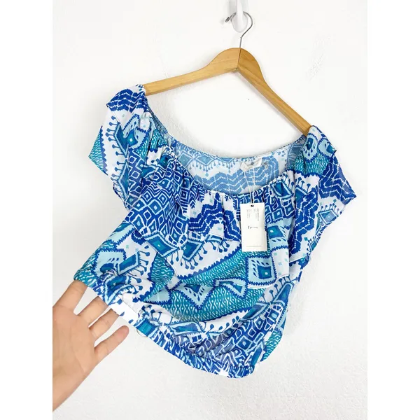 NWT RAMY Brook Milo Blue Printed Off The Shoulder Cropped Top Large Ruffle - Image 12