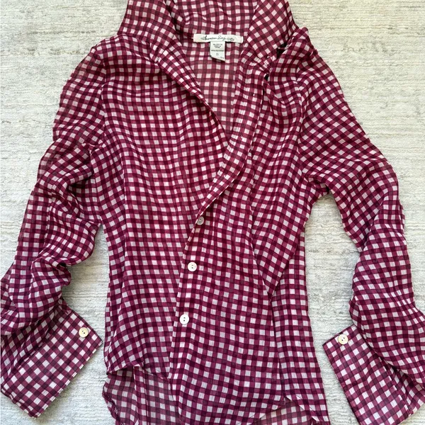 American Rag Burgundy Checkered Button Down Shirt (Size Small) - Image 5