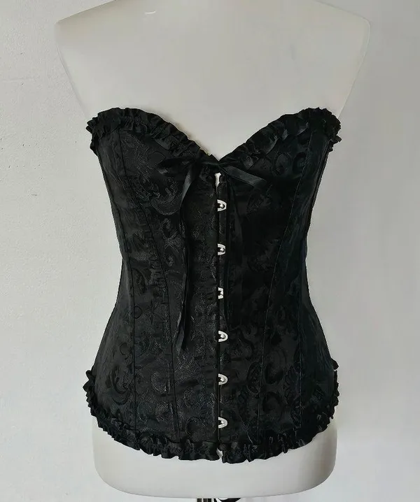 Black Satin Jacquard Lace Up Back Corset Size XL - Image 2