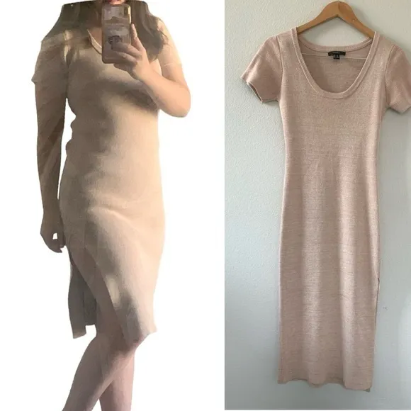 Forever‎ 21 Nude Pink Side Slit Ribbed Short Sleeve Silhouette Dress Size M - Image 2