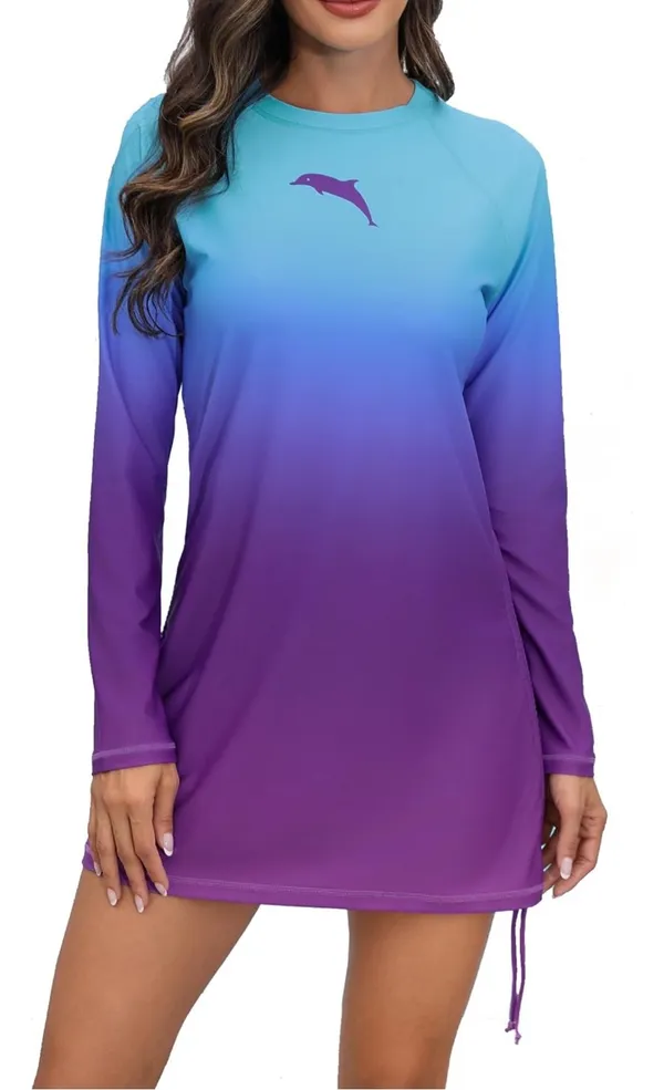 New Halcurt Women's Long Sleeve Rash Guard Swim Shirt with Tie Drawstring UPF 50+ Sun Protection Swimsuit Top - Image 3