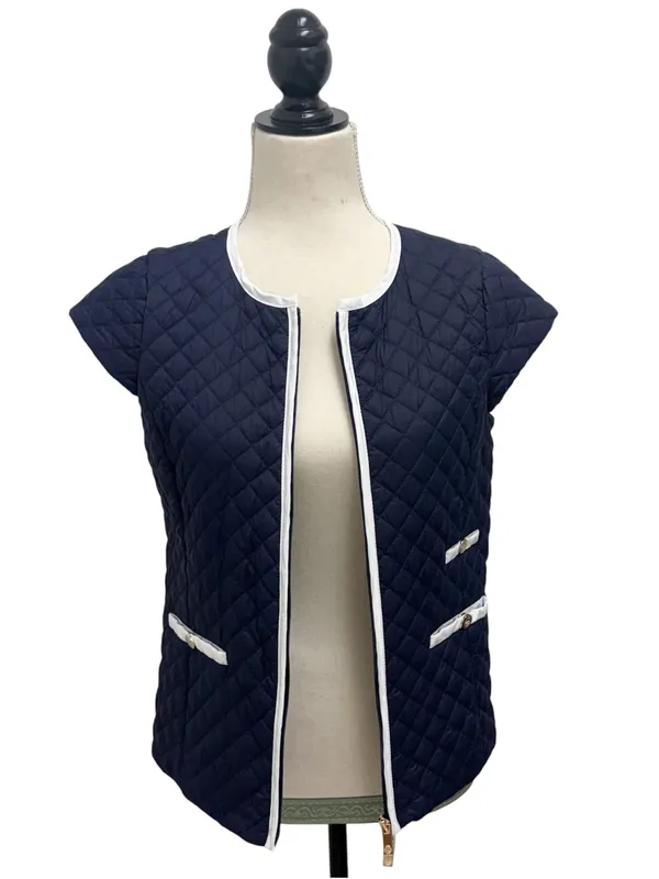 Patty Kim Navy Blue White Trim Quilted Zip Up Cap Sleeve Lightweight Vest XS - Image 3