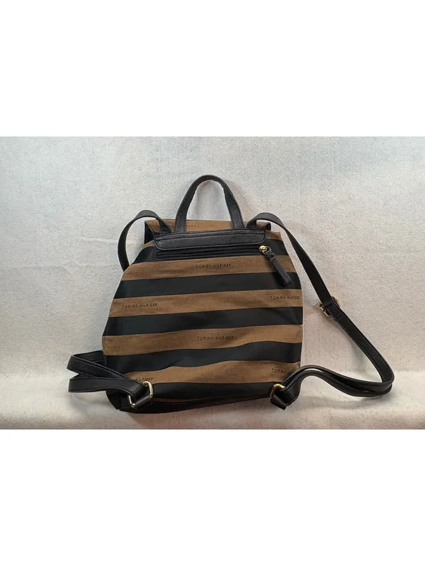 Tommy Hilfiger Striped Backpack Purse Brown Black Tassel Gold Tone - Image 3