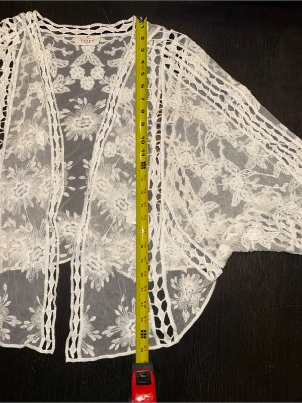 Cream White Floral Lace Kimono Cardigan Boho Crochet Size L - Image 5