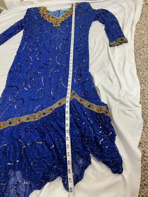 Vintage Tan-Chho Pure Silk Beaded Sequin Maxi Gown Dress Royal Blue Size XL 80’s - Image 9