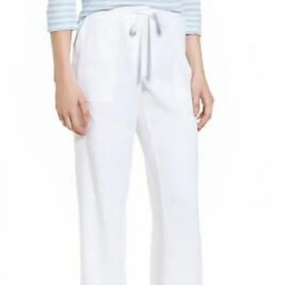 Nordstrom Signature Women's Size 14 Drawstring Waist Pants White Linen Blend - Image 2
