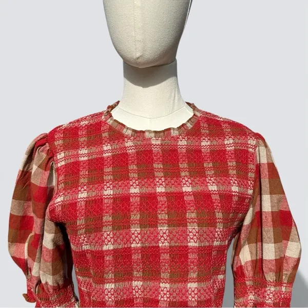 AUREUM Smocked Checkered Mini Dress Red Brown Plaid Cottagecore Prairie Size S - Image 4