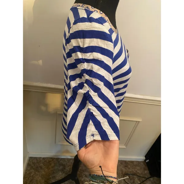 Anthropologie Postmark Blue White Striped Mixed Media Pocket Tee Ruched Sleeve - Image 4