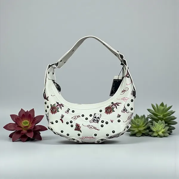 Ed Hardy White Skull Rose Tattoo Print Hobo‎ Shoulder Bag Studded Punk Rock - Image 2