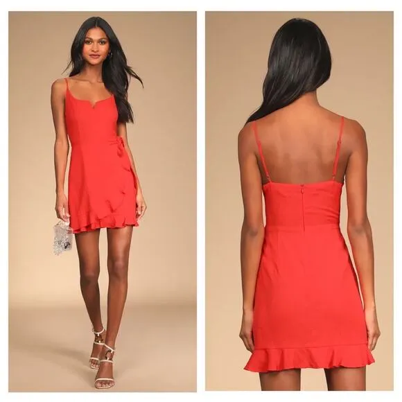 NEW Lulus Sunny Oasis Mini Dress XL Coral Red Ruffled Faux-Wrap Sleeveless - Image 2