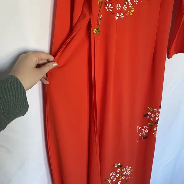 Vintage Floral hand painted Red Maxi Dress‎ Womens XL Long Sleeve high slits - Image 5