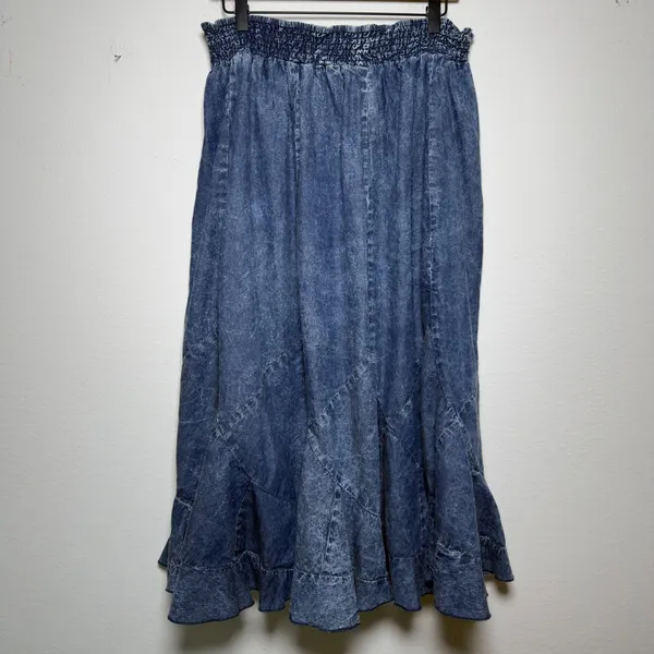 Reba Woman 100% Cotton Denim Chambray Skirt 2X Blue Acid Wash Smocked Western - Image 4