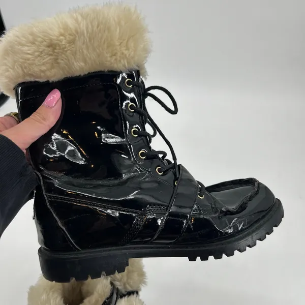 US Polo Assn Madison patent Black & Cream Faux Fur Lined Boots lace up logo 6.5 - Image 6
