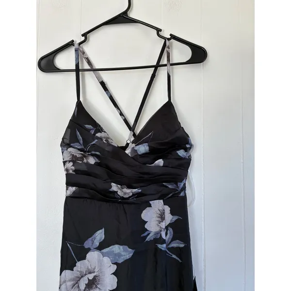 NWT Lulus Black Floral Chiffon Maxi Dress Small Surplice‎ Side Slit Whimsgoth - Image 8