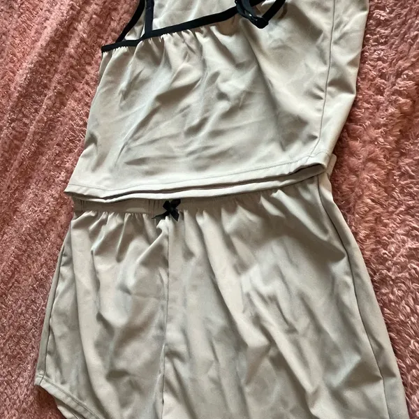 Cream and Black Pajama Set with Soft Fabric and Minimalist Design Bottoms+Top - Image 3