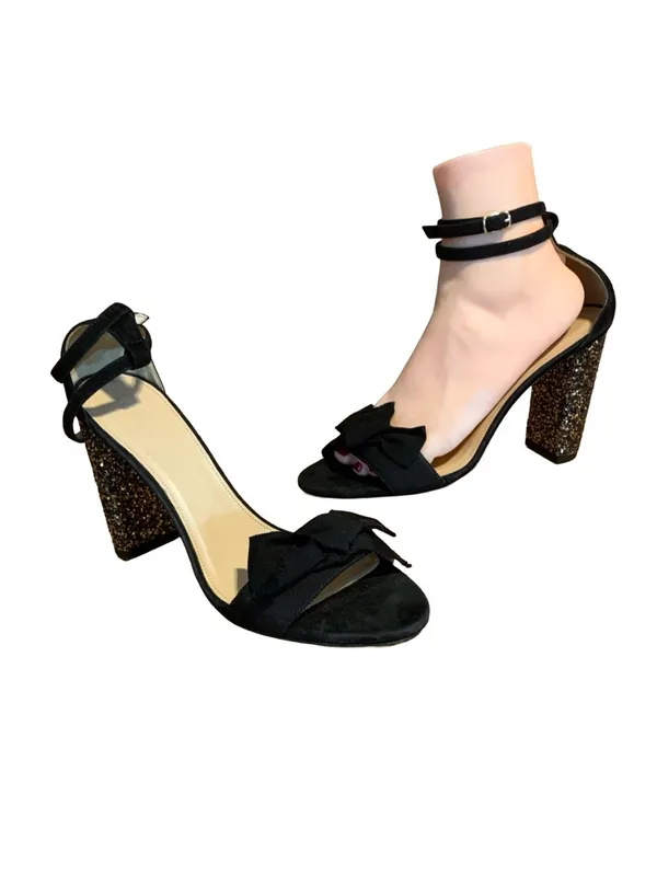 J. Crew Black Suede & Grossgrain Gold & Silver Glitter Block Heel Shoes (8.5) - Image 8