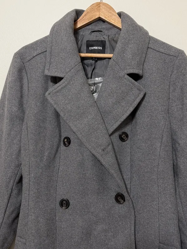 NWT Express Grey Pea Coat Size XL Wool Long Gray Tie NEW Women’s - Image 3