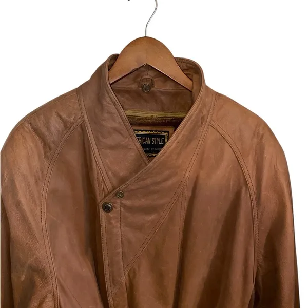 Vintage American Style Brown Leather Belted Trench Coat Mountain life old money - Image 7