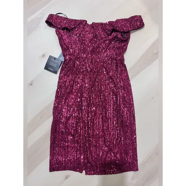 Lulus NWT Women Small Wine Red Glitter Sequin Off the Shoulder Mini Dress Party - Image 3