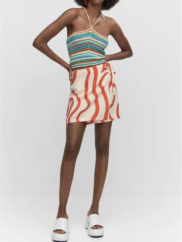 Mango Printed Linen-Blend Skirt Orange Ecru NWT Size XS - Image 3
