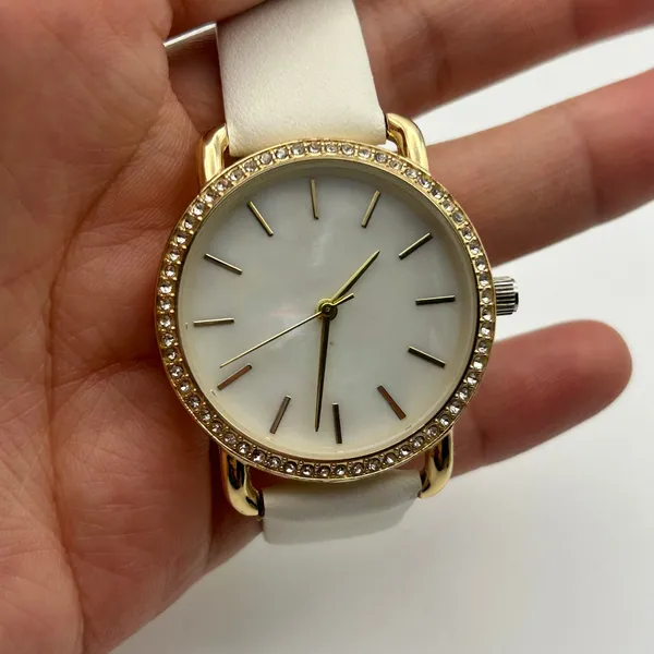 Women’s Gold-tone Crystal Bezel Mother Pearl Dial White Band Minimalist Watch - Image 7