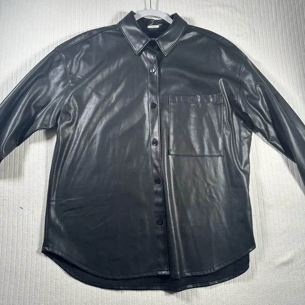 Abercrombie & Fitch Oversized Black Vegan Faux Leather Shirt Jacket Womens Large - Image 4