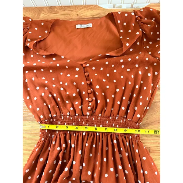 Madewell Smocked-Waist Mini Dress Polka Dots Burnt‎ Clay Puff Sleeve XS - Image 7
