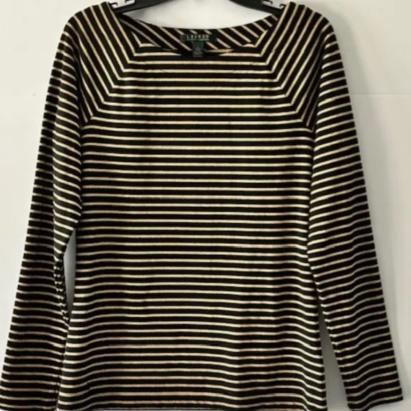 Lauren Ralph Lauren L Black Gold Metallic Striped Square Neck Knit Pullover Top - Image 2