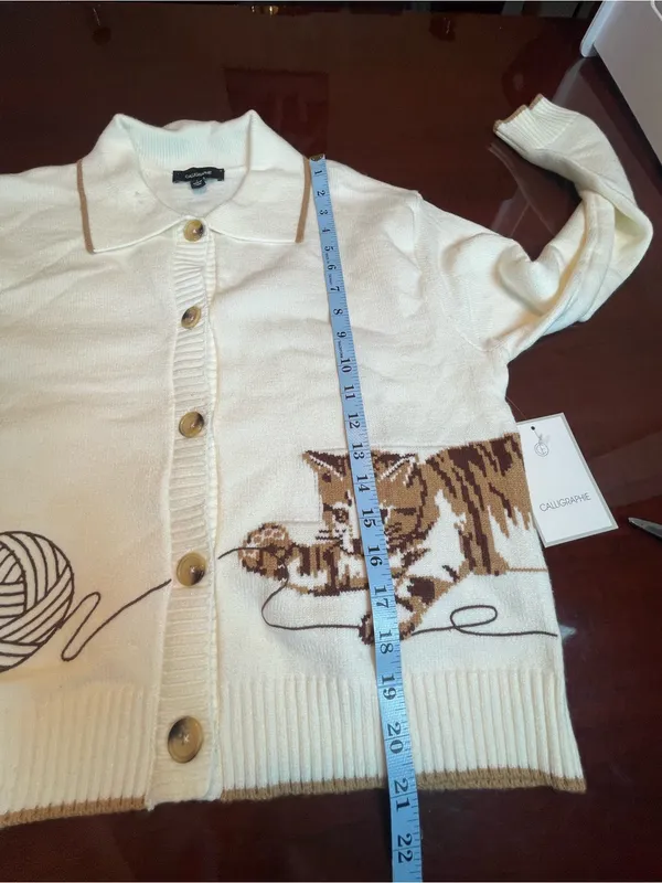 Anthropologie Calligraphie Novelty Knit Cat Sweater Cardigan Grandma Cream L - Image 8