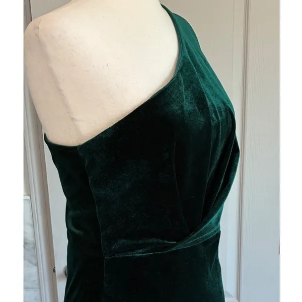 Lulus Emerald Green Velvet One Shoulder Mini Dress Pleated Bodice‎ D1582 Medium - Image 11