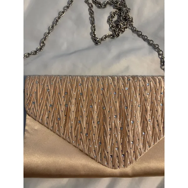 Champagne Satin‎ Pleated Rhinestone Evening Clutch Bag with Chain Strap Womens - Image 2