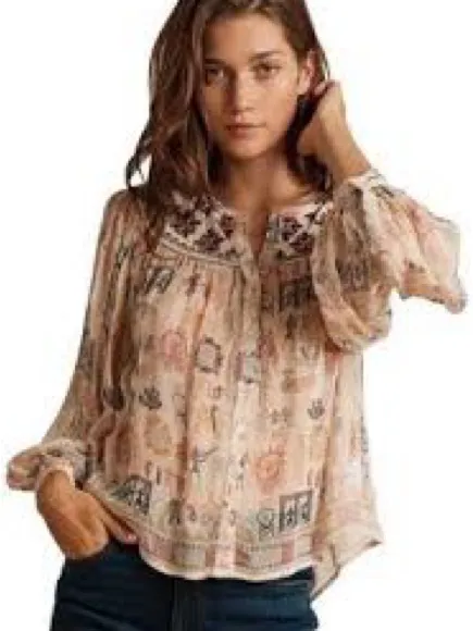 Velvet by Graham & Spencer Blouse Womens M Cream Excellent Embroidered Boho Top - Image 4