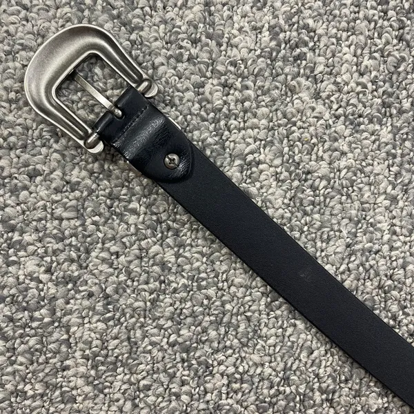 Vintage Western Black Leather Edgy Floral Buckle Silver Hardware Skinny Belt - Image 6