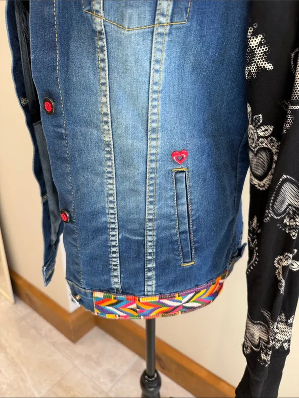 Ay Guey! Embroidered Wearable Art Denim Jacket Mexican Unique Boho SIze M - Image 4