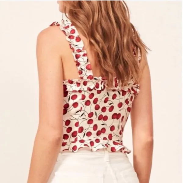Reformation Bayley Cherry Linen Tank Top Lace Up Corset Ruffle Size 12 Coquette - Image 2