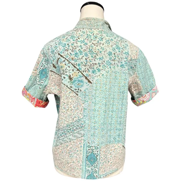 Handmade Reversible Paisley Boho Patchwork Button Top Short Sleeve Medium Fit Red - Image 4