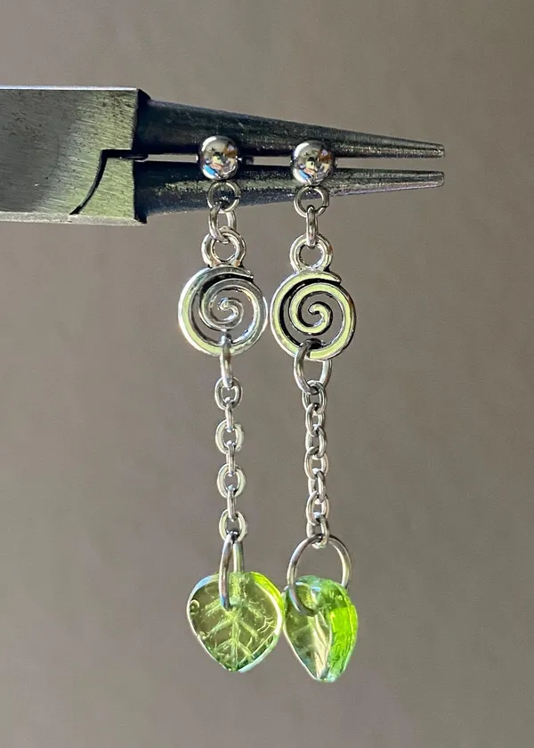 Handmade fairy forest vintage retro aesthetic style swirl & Czech glass leaf dangle earrings🍃⭐️🌙 - Image 2