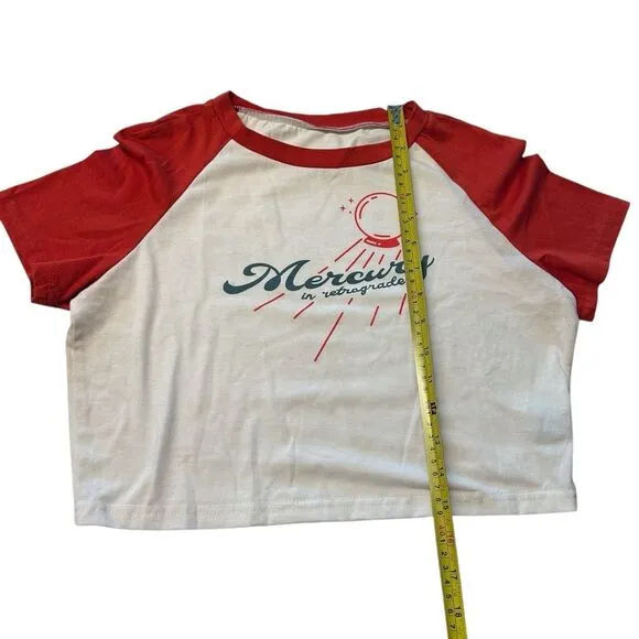 Mercury In Retrograde Crop Baby Tee White Red Raglan Baseball Astrology Size‎ M - Image 6