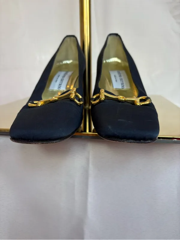 Andrea Carrano Navy Square-Toe Pumps with Gold Horsebit - Image 2