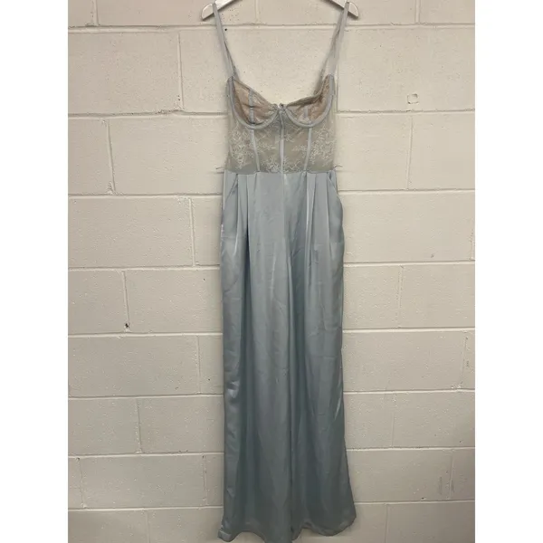 Katie May Sz Small Light Blue Tink Satin Lace Corset Wide Leg Cocktail Jumpsuit - Image 4