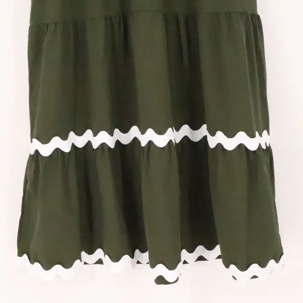 BTFBM Ric Rac Tiered Midi‎ Dress Womens Size L Olive Green Boho Cottage Pockets - Image 9