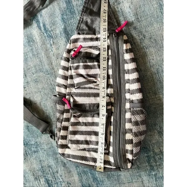 Thirty One Gray White Stripe Sling Crossbody Bag with Pink Accents - Image 6