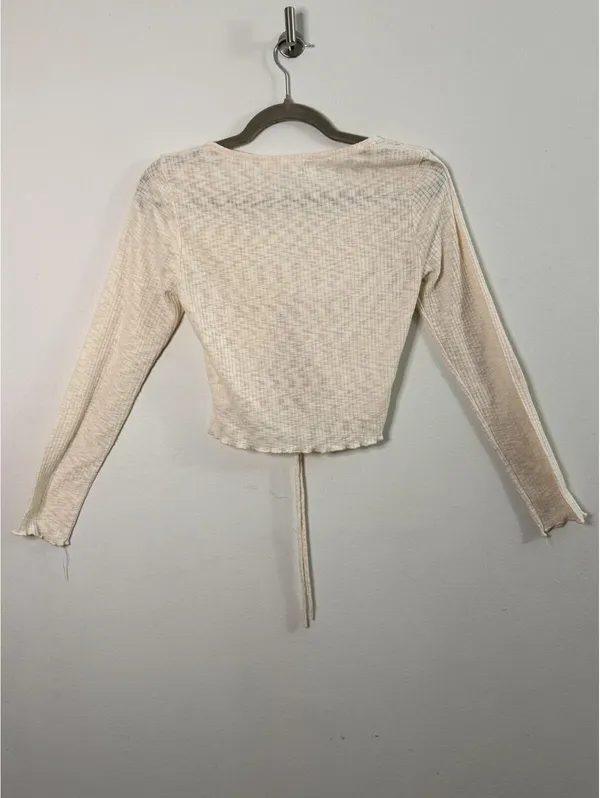 Lush Women’s Small Cream Ribbed Ruched Front Long Sleeve Crop Top Boho Coquette - Image 2