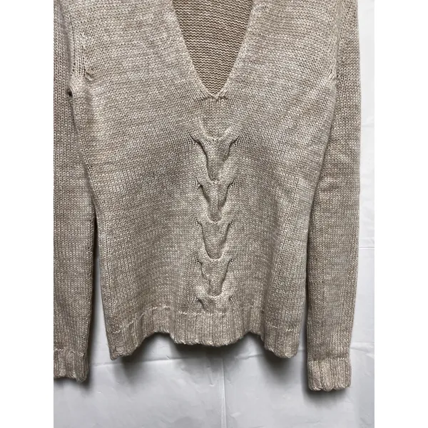 Banana Republic Womens Small Beige‎ Lambswool Cashmere V-Neck Cable Knit Sweater - Image 3