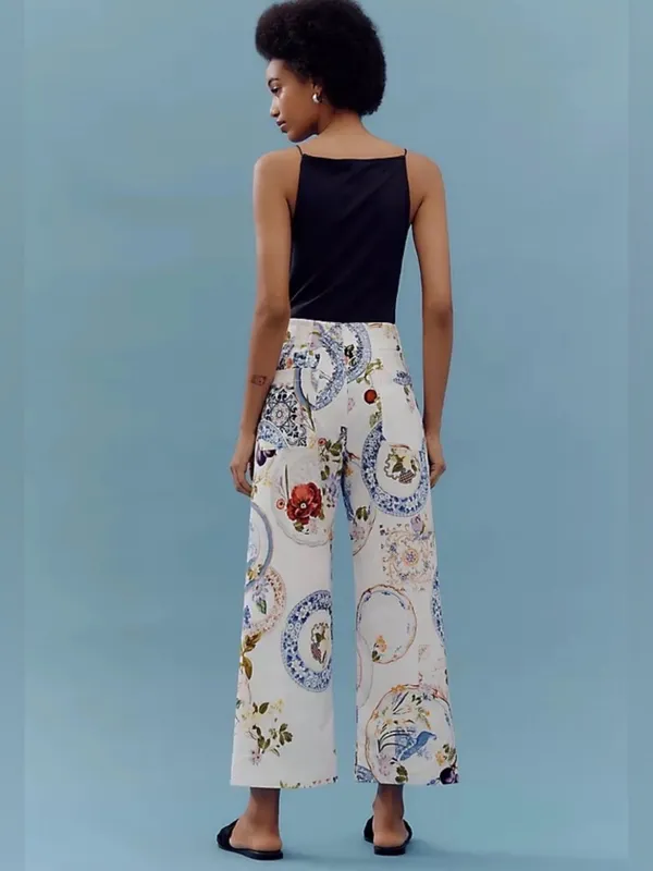 Anthropologie Maeve Colette Floral Porcelain Print Wide-Leg Pants Costal Travel - Image 4