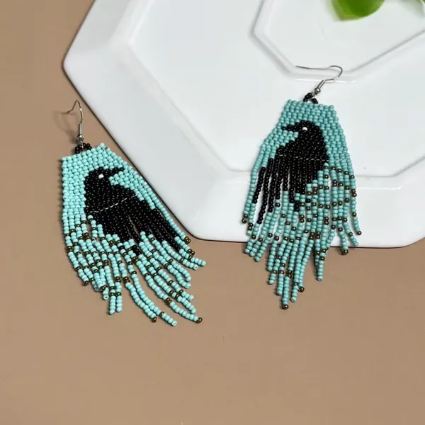 Crow Spirit Handmade Beaded Fringe Earrings ✨ Boho Raven Festival Dangles NWT - Image 4
