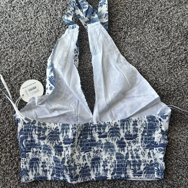 Staud Blue & White Crossover Halter Top - Image 3