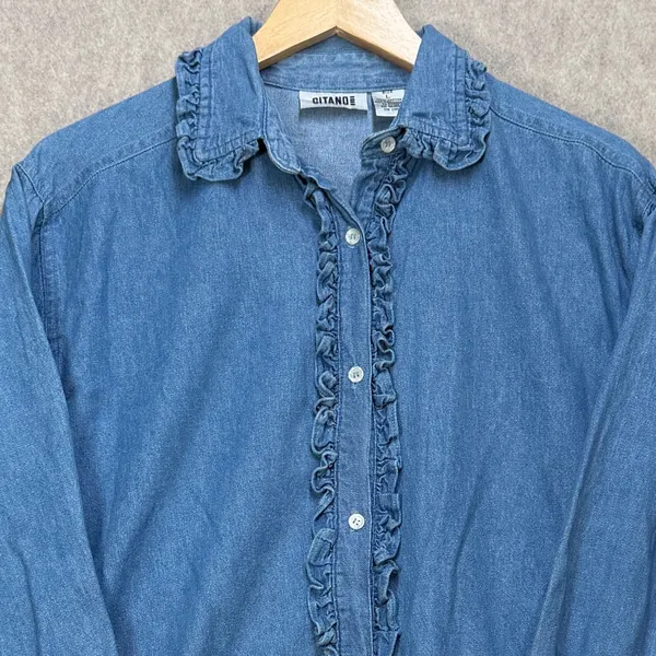 Gitano Vintage‎ Womens L Denim Cottagecore Western Ruffle Button Front Shirt Top - Image 4